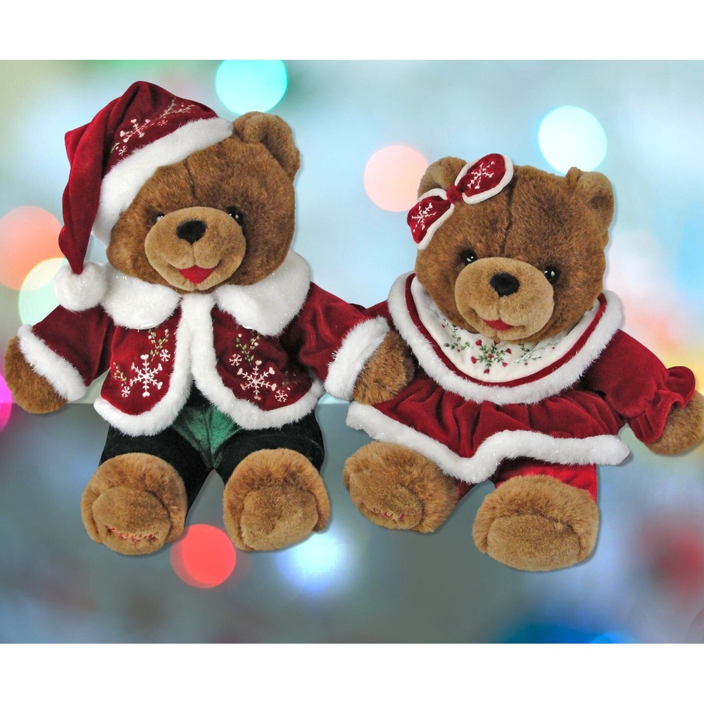 2004 Dan Dee Teddy Bear Lot Christmas Snowflake Boy and Girl 14" Red Green Plush
